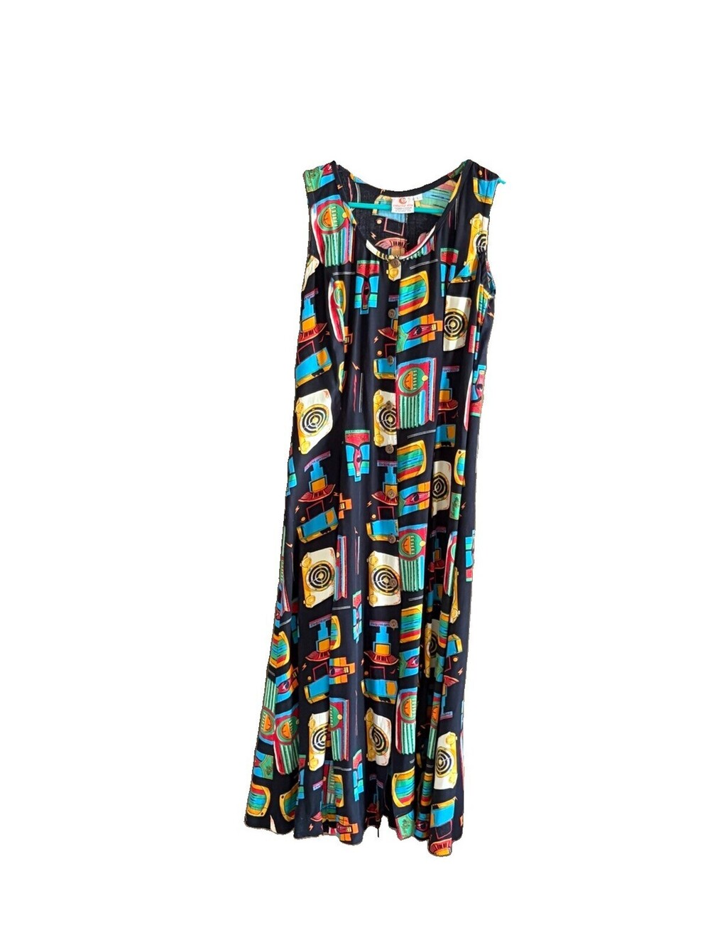 Pineapple Moon L Rayon Resort Dress Black Multicolor Print Sleeveless Button Up